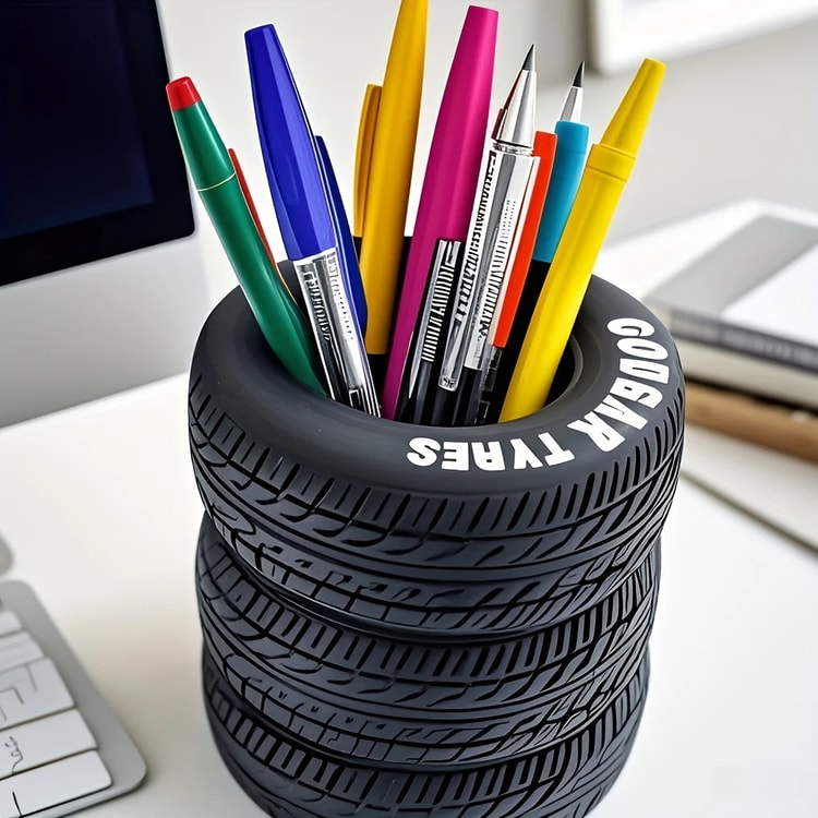 PVC Tire Shaped Pen Holder Fun Desk Organizer for Office and School Supplies