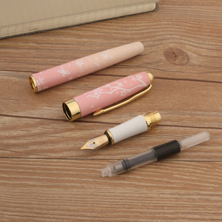Luxury Metal Fountain Pen with Ink, Pink Floral Design, Fine Nib, Professional Writing Pen Gift Set