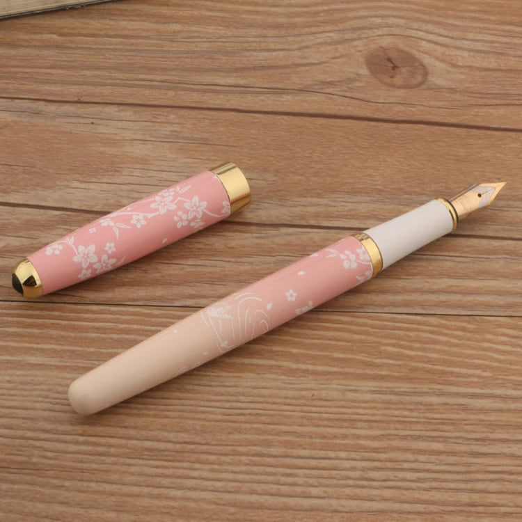 Luxury Metal Fountain Pen with Ink, Pink Floral Design, Fine Nib, Professional Writing Pen Gift Set