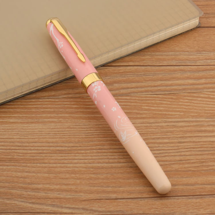 Luxury Metal Fountain Pen with Ink, Pink Floral Design, Fine Nib, Professional Writing Pen Gift Set