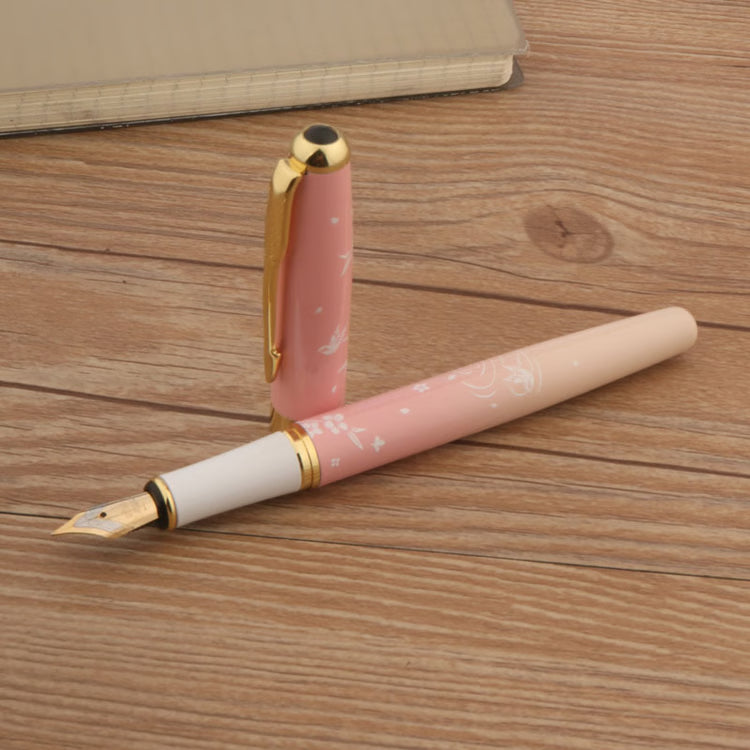 Luxury Metal Fountain Pen with Ink, Pink Floral Design, Fine Nib, Professional Writing Pen Gift Set