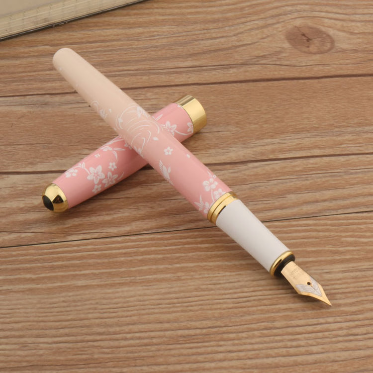 Luxury Metal Fountain Pen with Ink, Pink Floral Design, Fine Nib, Professional Writing Pen Gift Set