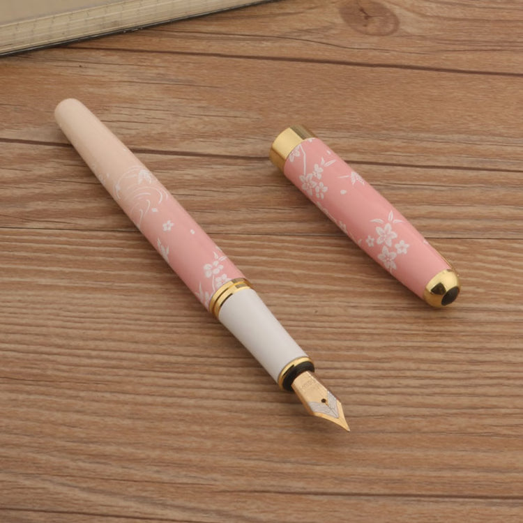 Luxury Metal Fountain Pen with Ink, Pink Floral Design, Fine Nib, Professional Writing Pen Gift Set