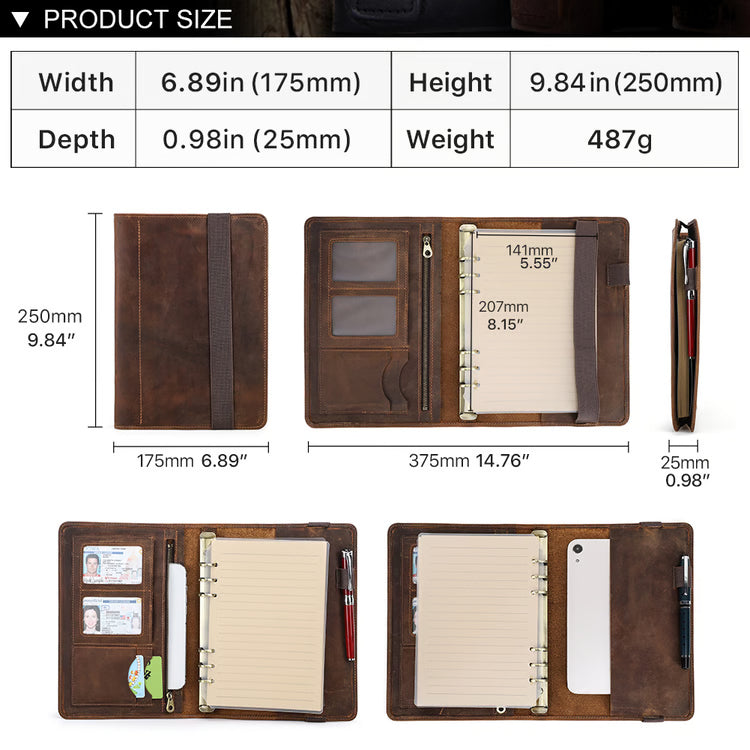Luxury Retro Leather Notebook Portfolio with Ring Binder & Tablet Holder